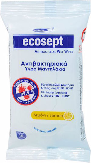 Ecofarm Ecosept Antibacterial Wet Wipes Ήπια Αντισηπτικά Μαντηλάκια Χεριών 15τμχ Λεμόνι