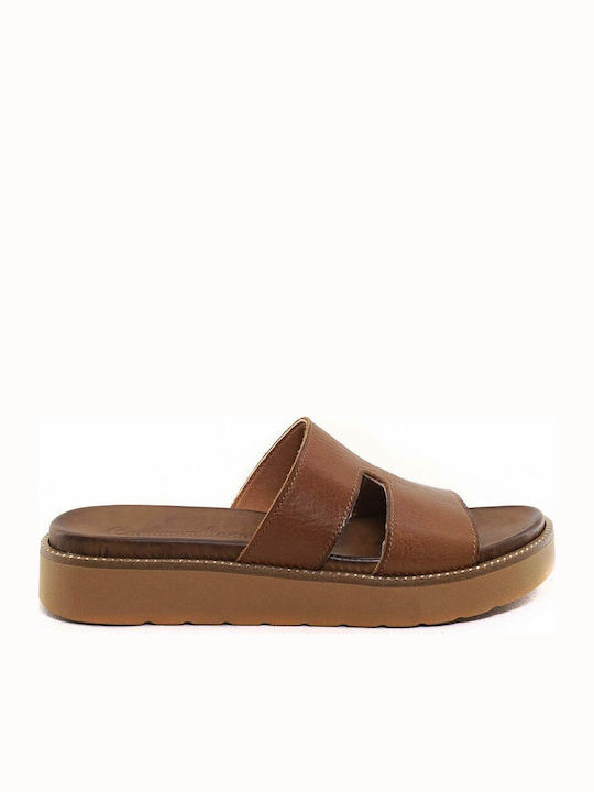 Leather Women's Flat Sandals in Tabac Brown Color