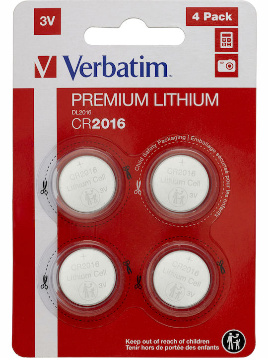 Verbatim Premium Lithium Μπαταρίες Ρολογιών CR2016 3V 4τμχ
