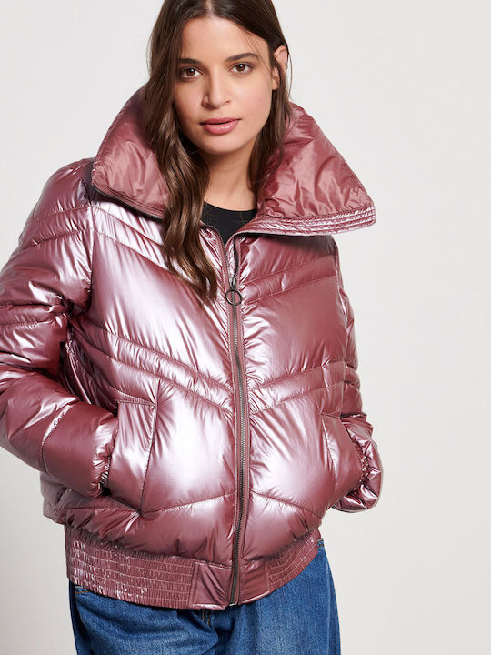 Κοντό Γυναικείο Puffer Μπουφάν για Χειμώνα Rose Brown