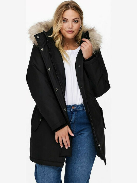 Only Women's Long Lifestyle Jacket for Winter with Hood Black