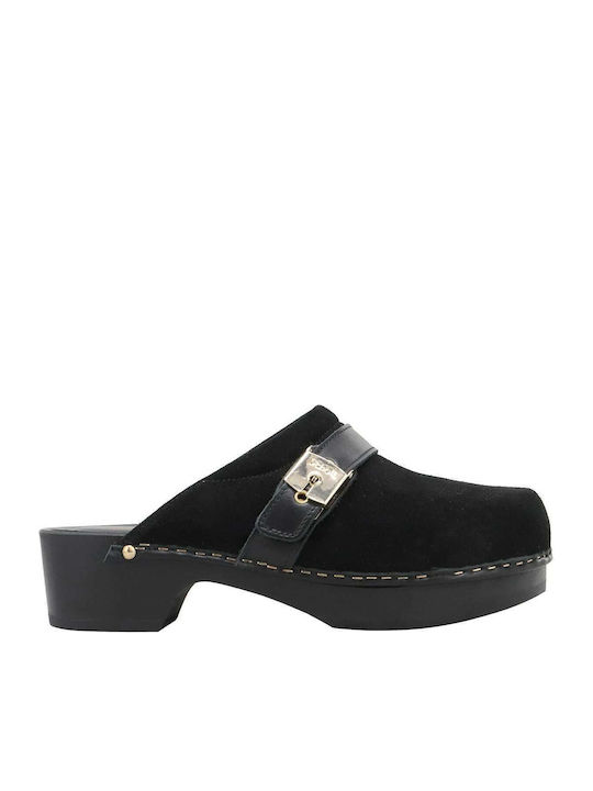 Scholl Pescura Suede Mules with Low Heel in Bla...