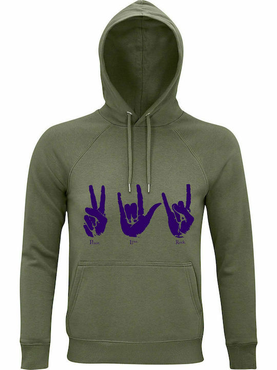 Hoodie Unisex, Organic "Peace, Love, Rock", Khaki