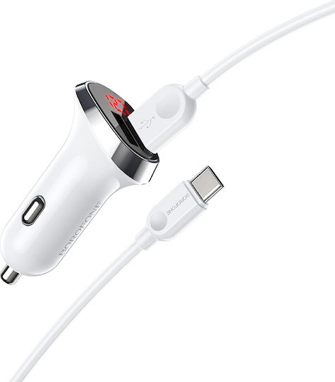 Borofone BZ15 LCD Auto-Ladegerät mit Anschlüssen: 2xUSB mit Kabel Typ-C,TC-TC und Voltmeter Weiß Farbe