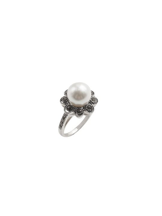 silverline, silver, women's, flower with pearl, marcasite, white, platinum plating