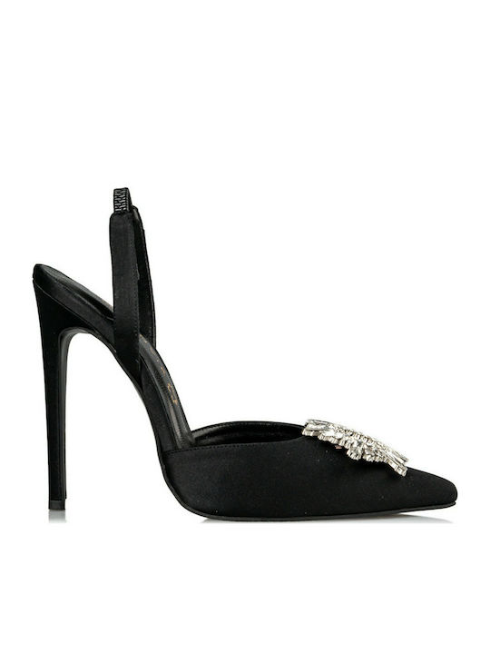 Envie Shoes Υφασμάτινα Γυναικεία Πέδιλα με Λεπτό Ψηλό Τακούνι σε Μαύρο Χρώμα