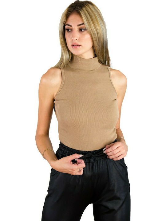 Beigefarbenes, elastisches, ärmelloses, geripptes Damen-Top mit Träger 1012221W