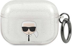 Karl Lagerfeld Karl`s Head Glitter Θήκη Σιλικόνης με Γάντζο σε Ασημί χρώμα για Apple AirPods Pro