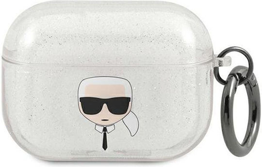 Karl Lagerfeld Karl`s Head Glitter Hülle Silikon mit Haken in Silber Farbe für Apple AirPods Pro