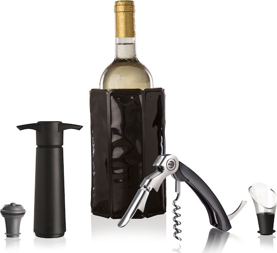 Vacu Vin Black Wine Accessories Set with Waiter's Corkscrew Ice Cube Tray Pump Stopper and Wine Pourer 5 Pieces