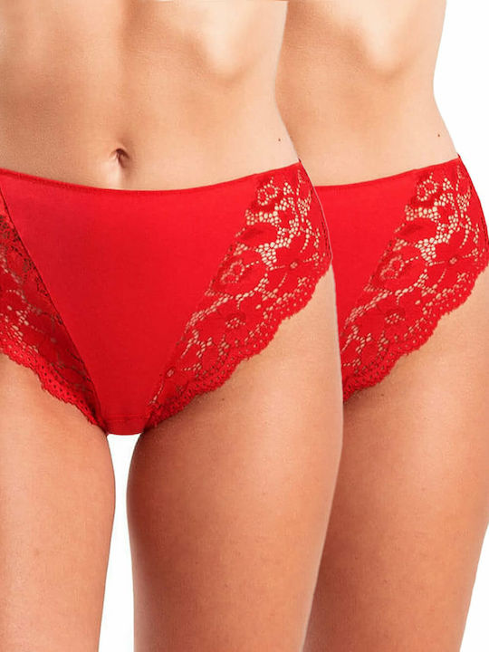 Τai Plus 502 Ψηλόμεσα Γυναικεία Slip 2Pack με Δαντέλα Κόκκινα
