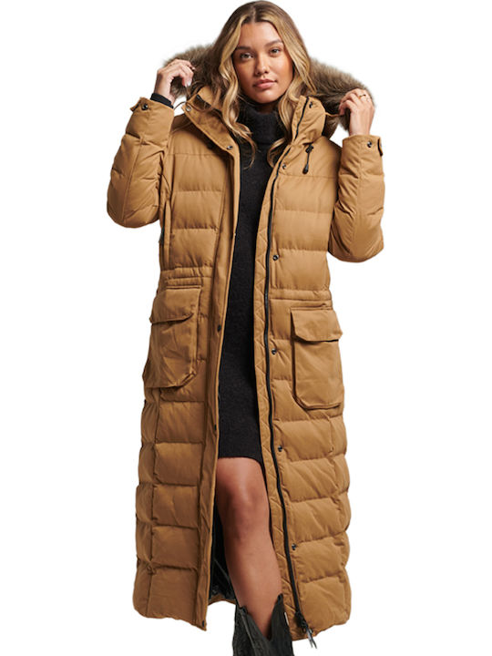 Lungă Jachetă de femei Puffer cu glugă de blană Sandstone