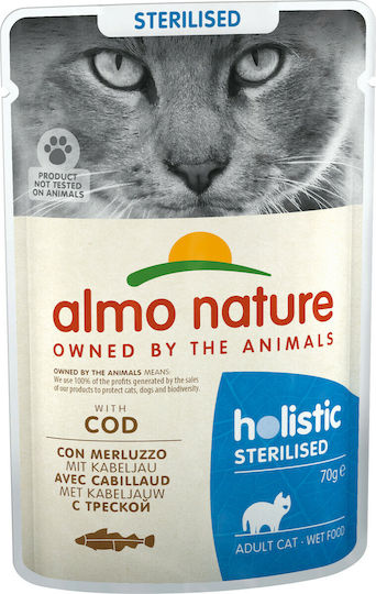 Almo Nature Holistic Sterilised Wet Food for Adult Cats in Pouches with Cod Grain-Free & Gluten-Free 70gr