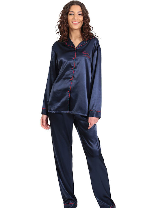 Lydia Creations Winter Women's Pyjama Set Satin Navy Blue