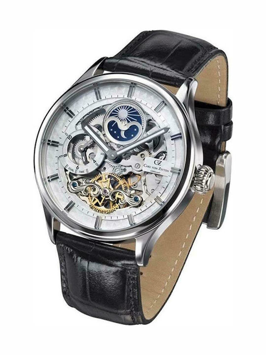 Carl Von Zeyten Zeyten Men S Skeleton Men's Watch 46mm Automatic with Black Leather Strap