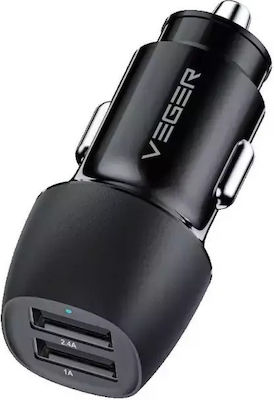 Veger Car Charger Black Total Intensity 2A Fast Charging with Ports: 2xUSB