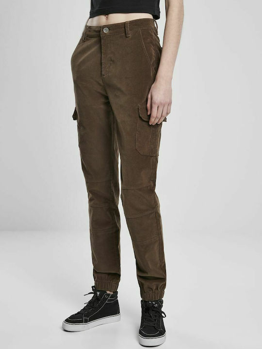 Women's High-waisted Fabric Cargo Trousers Dark Olive