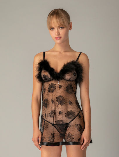 Milena by Paris 020033 Sexy Babydoll Plus Size Σέξι Νυχτικάκι με Ασορτί String Black