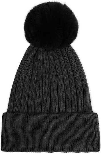 Pom Pom Beanie Frauen Beanie mit Rippstrick in Schwarz Farbe