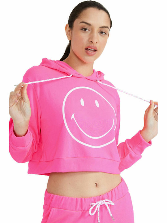 X Smiley Di San Cropped Γυναικείο Φούτερ με Κουκούλα Neon Pink