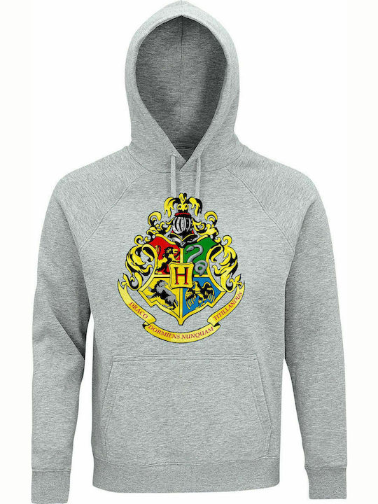 Hoodie Unisex, Organic "Hogwarts School Crest, Harry Potter", Grey melange