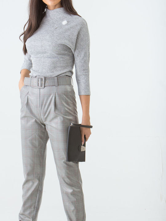 Trousers High Waist Trousers Grey Leatherette Plaid