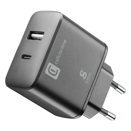 Cellular Line Ladegerät ohne Kabel mit USB-A Anschluss und USB-C Anschluss 25W Stromlieferung Schwarzs (ACHSMUSB2PD25WK)