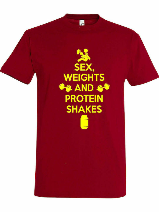 T-shirt Unisex " Sex, Gewichte und Proteinshakes, Gym Lover ", Dunkelrot