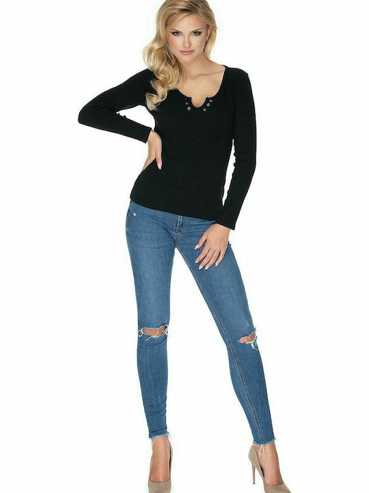 PeeKaBoo 0163 Damen Bluse Baumwolle Langärmelig mit V-Ausschnitt Schwarz 134580