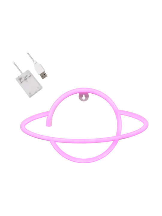 GloboStar Planet Saturn Διακοσμητικό Φωτιστικό Φιγούρα Neon Μπαταρίας σε Ροζ Χρώμα