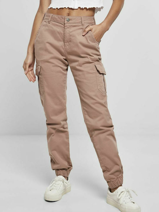 Urban Classics TB3048 Women's High Waist Cotton Cargo Trousers with Elastic Pink