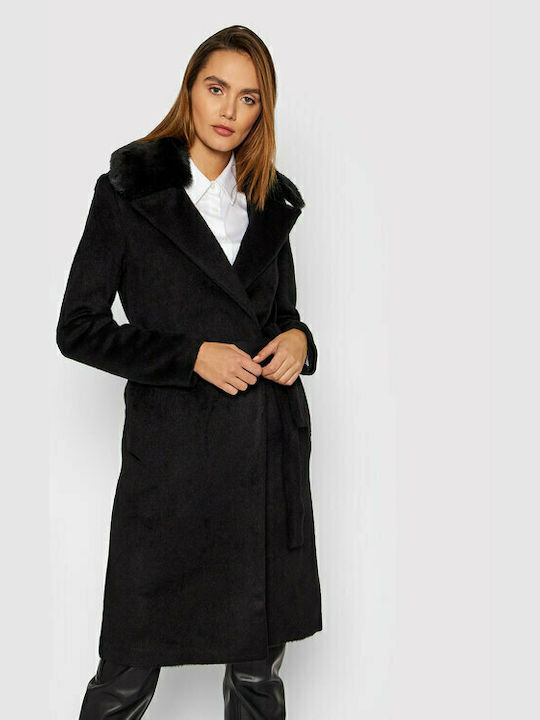 Guess Γυναικείο Μαύρο Παλτό με Γούνινες Λεπτομέρειες