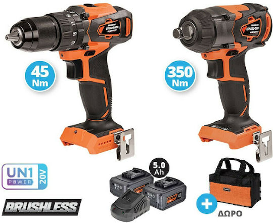 Krausmann US104-25SB Set Bohrer & Schlagschrauber Brushless 20V mit 2 Batterien 5Ah und Hülle