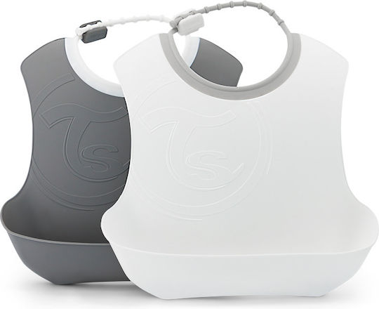 Twistshake Waterproof Bib Plastic with Button & Pocket Pastel Grey / White for 4 m+ 2pcs