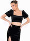 Women's Crop Top Velvet Short Sleeve Black