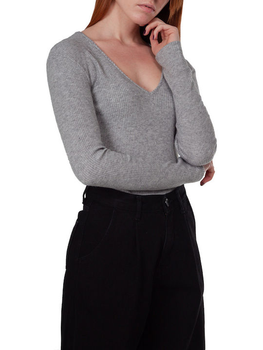 Winter Women's Blouse Long Sleeve with V Neckline Gray