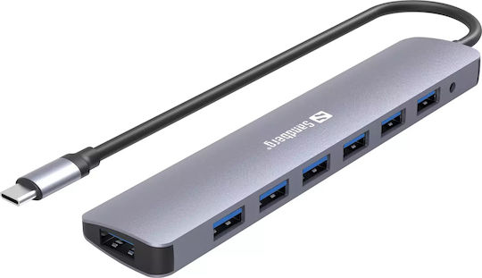 Sandberg USB Хъб 7 Порта USB 3.0 с USB-C Сив