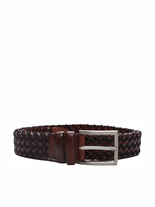 BB-3733 Men's Belt Leather Knitted Brown / Blue
