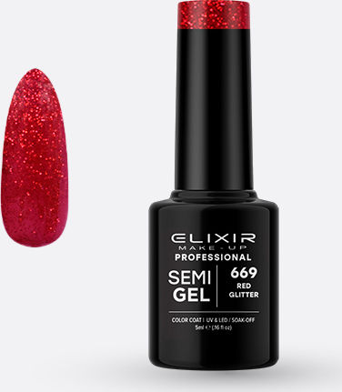 Elixir Semi Gel Хибриден Лак за Нокти 669 Red Glitter с Glitter 5мл 1бр