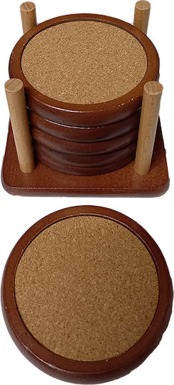Karvounis Round Wooden Brown Coasters with Stand 10cm 6pcs