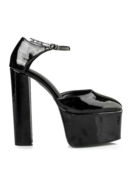 Envie Shoes Γόβες από Λουστρίνι με Λουράκι & Χοντρό Ψηλό Τακούνι Μαύρες