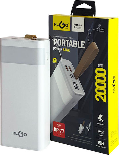 KLGO KP-77 Power Bank 20000mAh με 2 Θύρες USB-A Λευκό