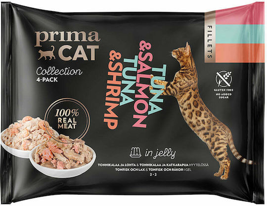 Prima Cat 4-Pack Wet Food for Adult Cats in Pouches with Shrimps, Salmon and Tuna Grain-Free 4x50gr