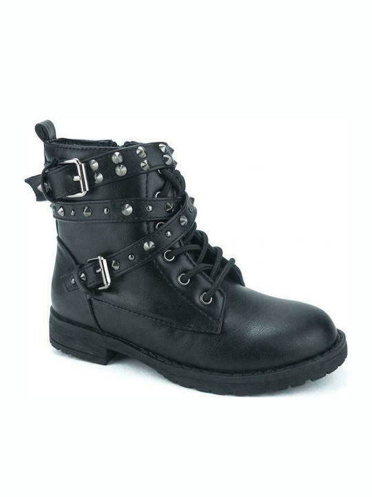 Touiti Kids Leather Military Boots with Zipper Black