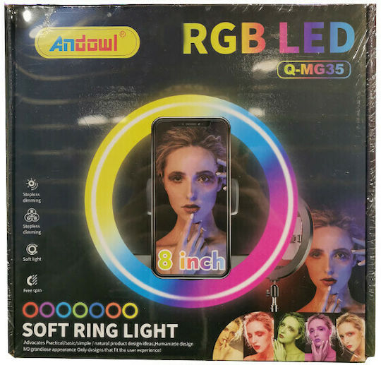 Andowl RGB Ringlicht 20,32cm mit Schreibtischstativ und Handyhalter