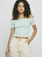 Urban Classics TB1500 Women's Summer Crop Top Off-Shoulder Cotton Short Sleeve Sea Blue