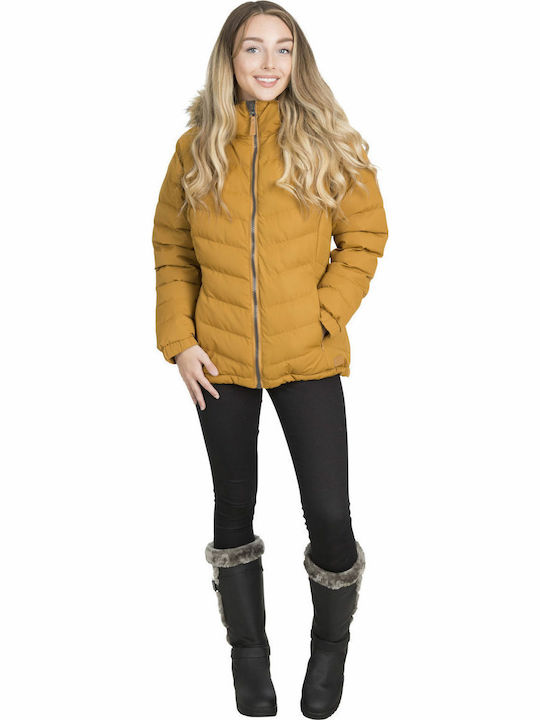 Nadina Women's Short Puffer Jacket for Winter with Hood Golden Brown