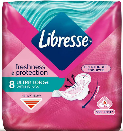 Libresse Freshness & Protection Ultra Long+ Σερβιέτες με Φτερά για Αυξημένη Ροή 3 Σταγόνες 8τμχ