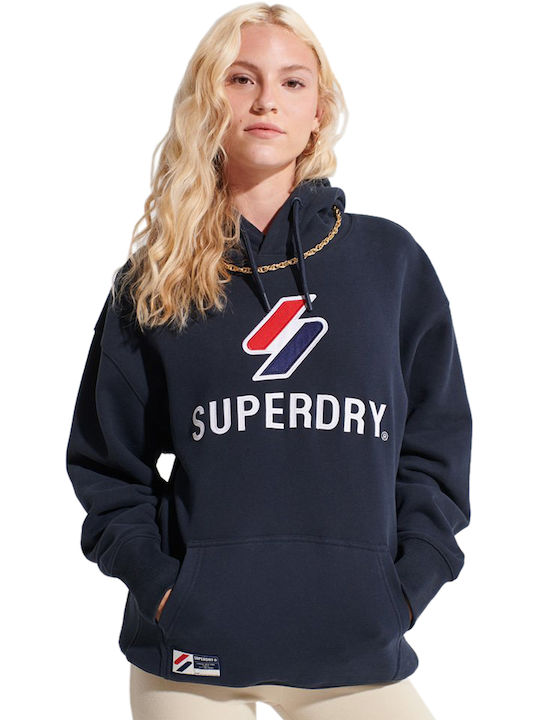 Superdry Code Applique Μακρύ Γυναικείο Φούτερ με Κουκούλα Deep Navy