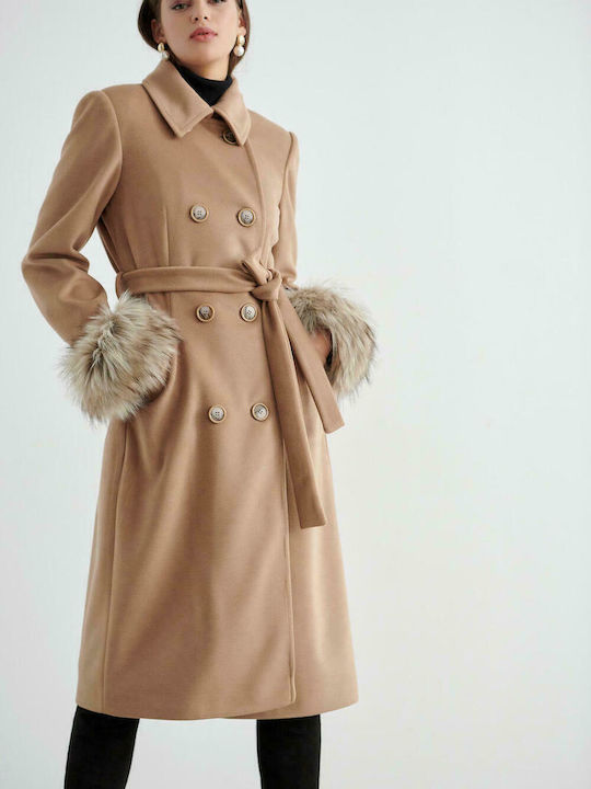 Bill Cost Γυναικείο Καμηλό Παλτό με Γούνινες Λεπτομέρειες